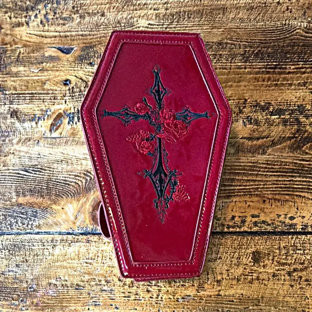 Red Coffin-Shaped Faux Leather Zipper Makeup Bag Case with Cross Design